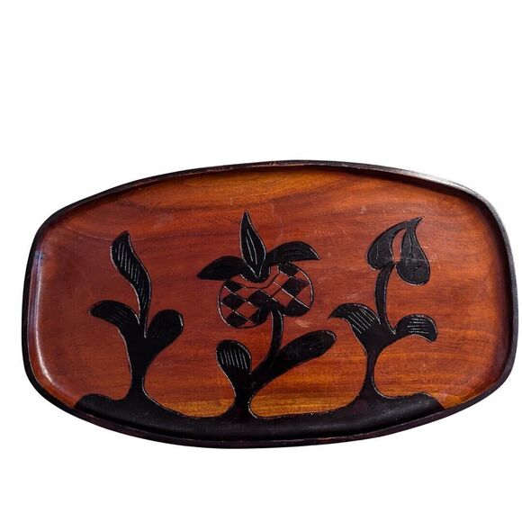 Vintage Hand-Carved Wooden Tray Floral Design Rustic Decorative Serving Plate - Picture 1 of 9